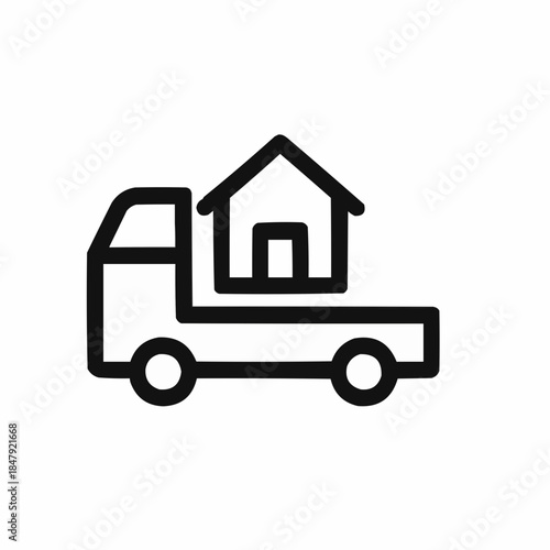 Line icon of a moving truck with house symbol, black on white, square minimalist style