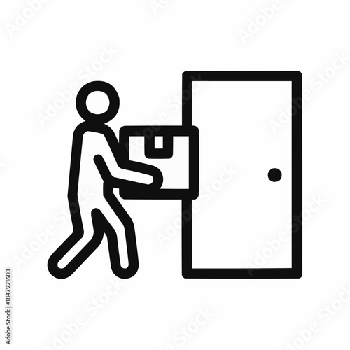 Line icon of a person carrying a box toward a door, black on white, square minimalist style