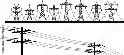 Silhouette collection of electricity pylons and power lines against a white background transmission tower