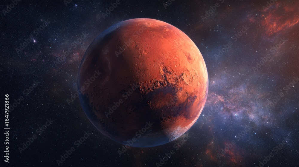 Obraz premium Stunning High-Resolution Image of Planet Mars Surrounded by Stars and Cosmic Dust in a Deep Space Setting for Scientific and Artistic Projects