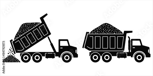 Silhouette dump trucks one unloading gravel and one loaded with gravel Keywords: dump truck, construction, vehicle, transport