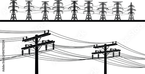 Silhouette of High Voltage Electrical Transmission Towers and Utility Poles Keywords: electricity, power, energy, transmission