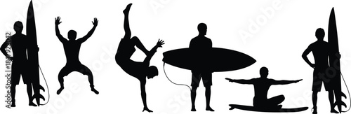Silhouette of surfers and breakdancer on white background Keywords: silhouette, surfer, surfing, surfboard, man, woman, people