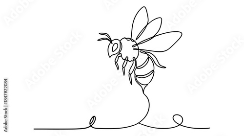 Flying bee line art illustration representing nature, ecology, and pollination concept.