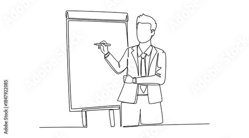 Business trainer presenting on flip chart line art illustrating coaching, presentation, conference and education concept.