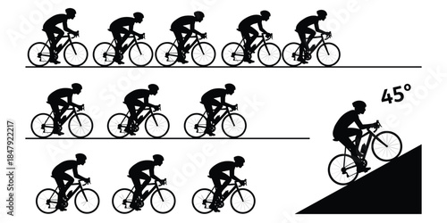 Silhouettes of Cyclists in Motion and on an Incline on White Background cycling bicycle