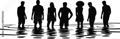 Silhouettes of Seven People Standing in Water with Reflections on White Background Keywords: people, silhouette, water