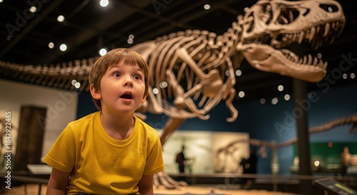 Young boy looking up in awe at a large dinosaur skeleton in a natural history museum exhibit.