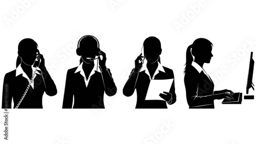 Black Silhouette Office Woman Vector Communicating by Phone, Headset, and Typing