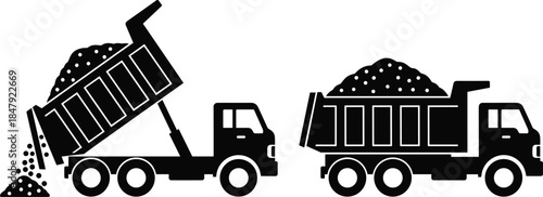 Two black silhouette dump trucks one unloading gravel on white background with detailed bed construction