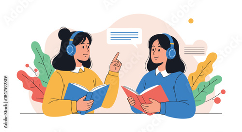 Two young women wearing headphones and holding books, engaged in a conversation about what they are learning or listening to.