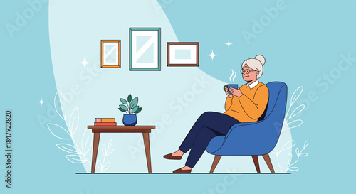 Happy elderly woman relaxing in a comfortable armchair at home, enjoying a hot cup of tea or coffee in her cozy living room.