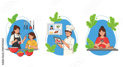 Set of illustrations showing people engaging with food, including a mother and daughter cooking, a chef using a tablet, and a woman taking photos.