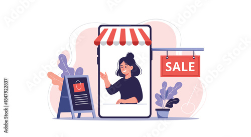 Friendly female business owner managing her online store from a smartphone, with a sale sign and storefront elements.