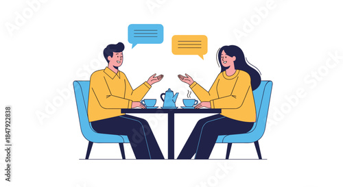 Young man and woman having a pleasant conversation over coffee or tea while sitting at a table in a modern cafe.