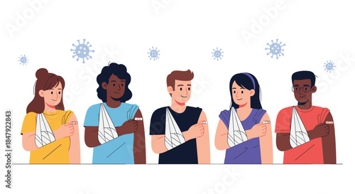 Diverse group of people with bandages on their arms after receiving the coronavirus vaccine, promoting vaccination.