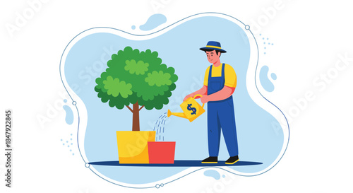 Man in overalls watering a money tree with a watering can that has a dollar sign, symbolizing investment and growth.