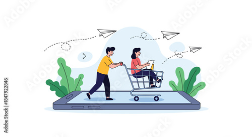 Man pushing a woman sitting in a shopping cart on a large smartphone, symbolizing a fun and easy online shopping experience.