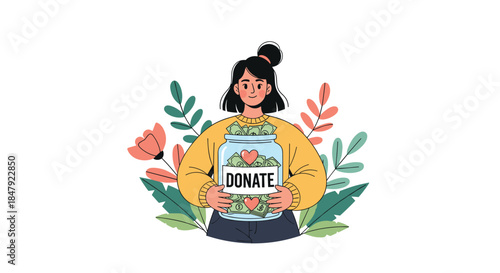 Smiling young woman holding a large glass jar full of money with a 'Donate' label, representing charity and giving.