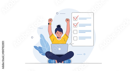 Successful young woman celebrating with raised arms in front of a laptop after completing tasks on a large checklist.