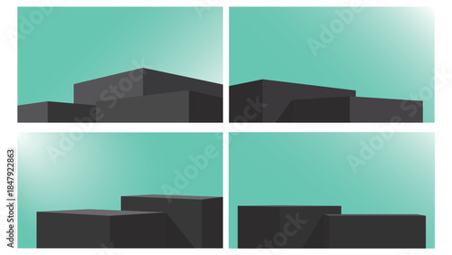 Black podium platform step mint background minimal display set, abstract geometric shape modern product scene