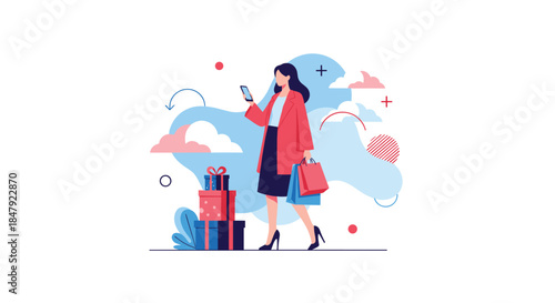 Stylish woman in a red coat walking with shopping bags and checking her smartphone, with gift boxes nearby.