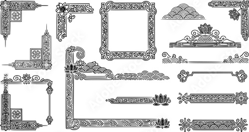 Traditional asian decorations. Korean frame borders, corners and dividers. Geometric stamp ornament, oriental line vector set