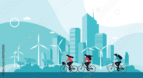 People cycling in a futuristic green city with modern skyscrapers, wind turbines, and solar panels for sustainable living.