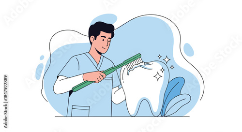 Male dentist or dental hygienist in uniform brushing a large, sparkling clean tooth to promote oral hygiene and care.