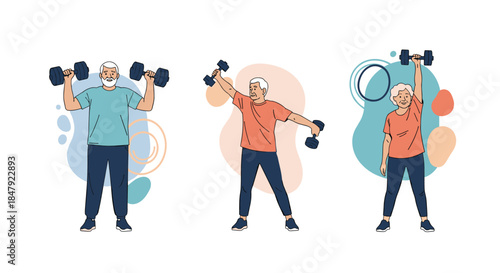 Set of illustrations showing active senior men and a woman exercising with dumbbells to maintain a healthy lifestyle.