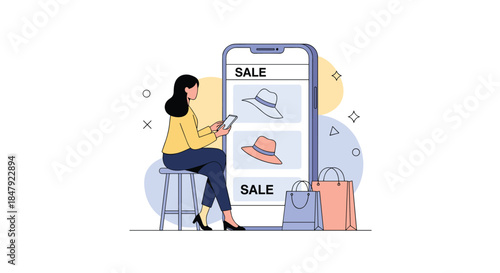 Woman sitting on a stool and browsing a sale on hats using her tablet, with a large smartphone displaying the online shop.