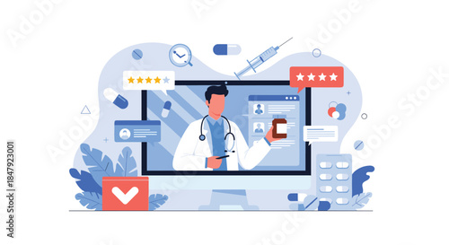 Online pharmacy and medical consultation concept with a doctor on a computer screen, surrounded by medicine and health icons.