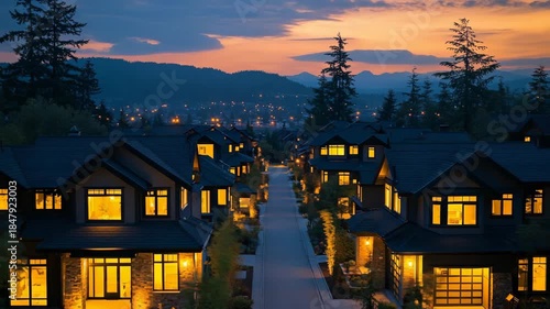 Beautiful neighborhood at dusk with houses and illuminated windows, scenic view.