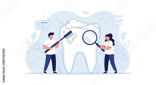 Man and woman working together to clean a giant tooth, one with a toothbrush and the other with a magnifying glass.