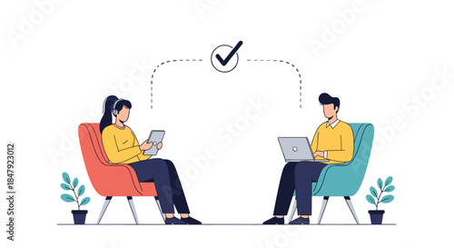 Man and woman working on their devices and successfully completing a task, indicated by a check mark between them.