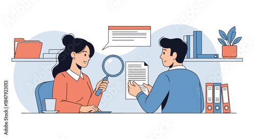 Female manager using a magnifying glass to review a document with a male colleague during a business meeting at the office.
