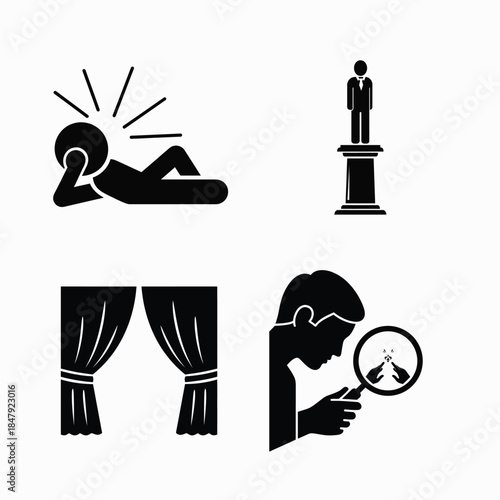 Icons representing relaxation, achievement, theater, and investigation