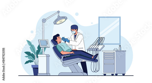 Male patient having a dental check-up or treatment from a dentist in a modern, well-equipped dental clinic office.