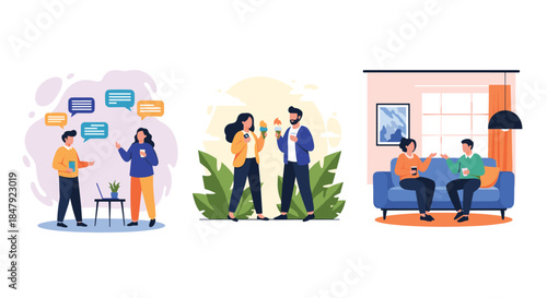 Set of illustrations showing couples and friends talking, chatting online, eating ice cream, and relaxing on a sofa.