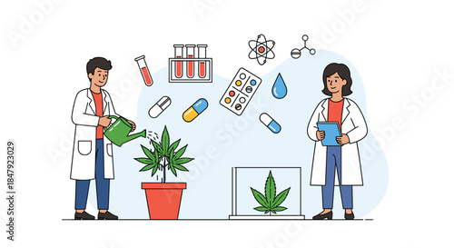 Male and female scientists in a laboratory researching the medical properties of cannabis for pharmaceutical development.