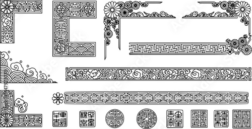 Traditional asian decorations. Korean frame borders, corners and dividers. Geometric stamp ornament, oriental line vector set