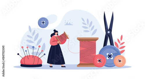 Woman holding a spool of thread next to giant sewing supplies like scissors, buttons, and a pincushion, for tailoring.