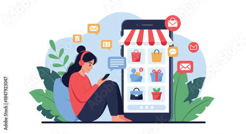 Young woman wearing headphones and relaxing while browsing an online store on her smartphone with various shopping icons.