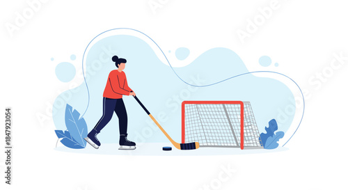 Young woman in skates playing ice hockey, holding a stick and getting ready to shoot the puck into the goal.