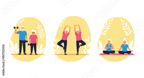 Set of illustrations showing active elderly couples exercising together, lifting weights, doing yoga, and meditating.