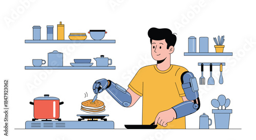 Man with advanced prosthetic arms cooking pancakes in a modern kitchen, showcasing technology and independent living.