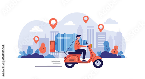 Delivery man riding a scooter through a city with location pins, providing fast and efficient water delivery service.