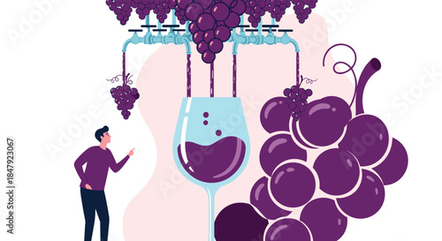 Man looking at a conceptual illustration of wine being made directly from grapes flowing into a large wine glass.