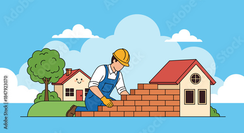 Male builder in a hard hat and overalls carefully laying bricks to construct the wall of a new house.