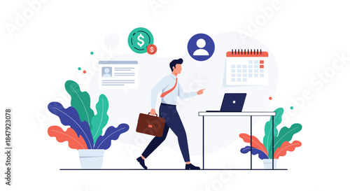 Businessman with a briefcase walking towards his desk, surrounded by icons representing work, schedule, money, and contacts.
